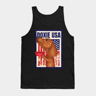 Doxie red white and blue patriot Dachshund with Red Bowl USA Tank Top